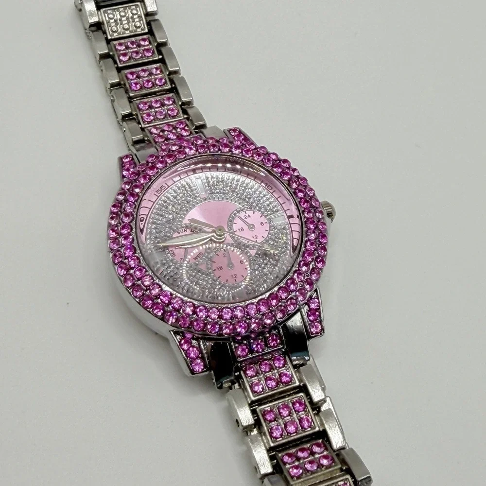 Women's Quartz Watch Pink Rhinestone Silver 10 mm Dial Diameter New Glam Bling